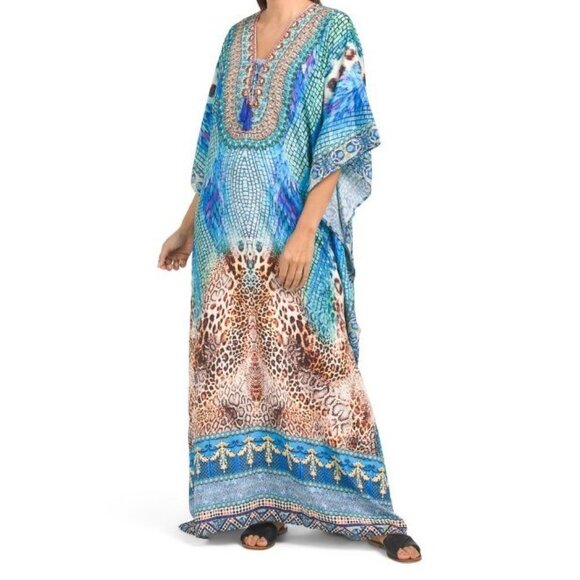 Gorgeous Jungle Mix Maxi Dress Swimsuit Cover-up Caftan Dress Multicolor | OS - Picture 2 of 7